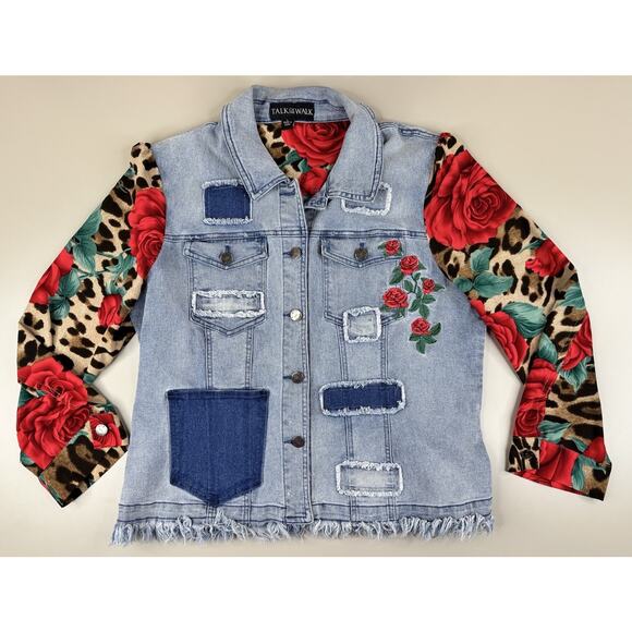 Talk of the Walk Denim Jacket L Frayed Hem Embroidered Roses Patchwork Leopard - Picture 1 of 10
